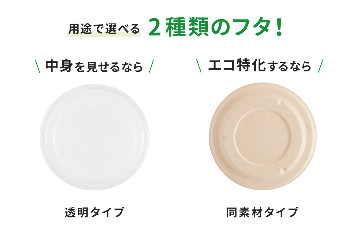 共蓋（同じ材質の蓋）と透明蓋（プラスチック）の2種類展開