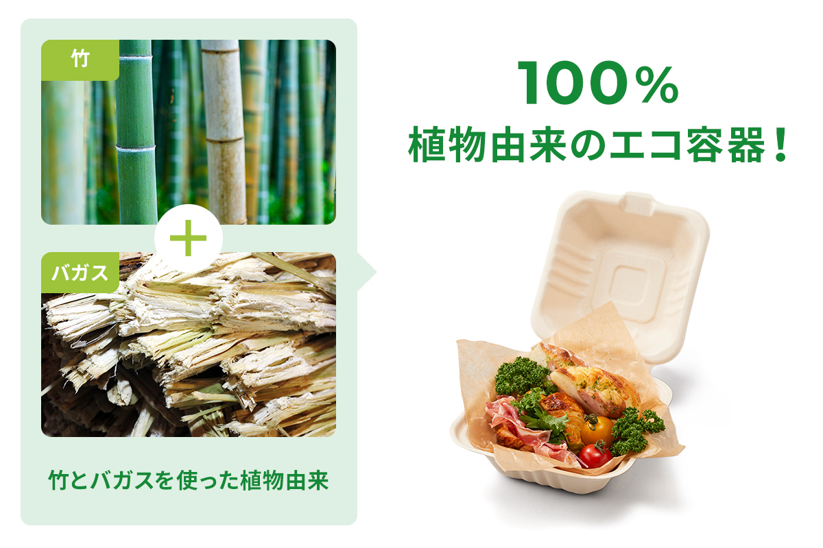 竹とバガスを使った環境に優しい植物由来のエコ容器